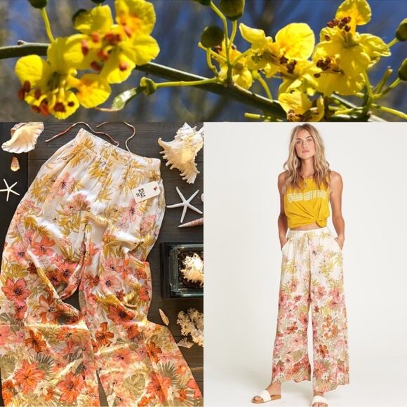 Billabong Wide-Leg Woven Pants Women Sz M Heart Beats Floral Beach Elastic Waist - Picture 1 of 11